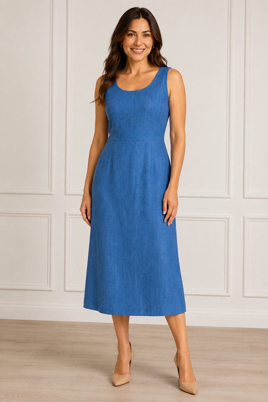 K Petite Vintage Blue Sleeveless Midi Dress Size 12P Back Zip Minimalist